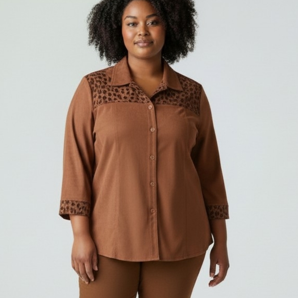 Vintage Claire France Exclusive Suede Brown Animal Print Accent Blouse US 14